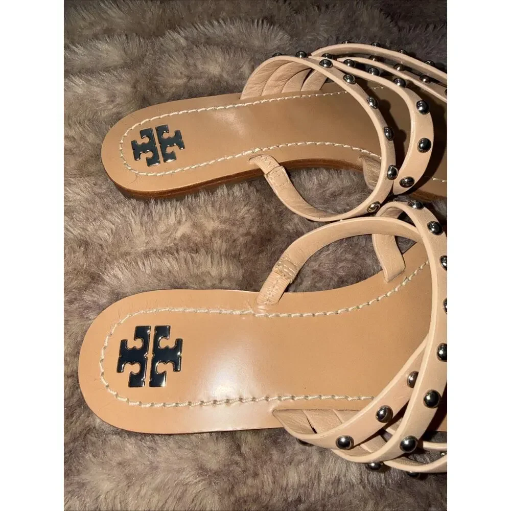 TORY BURCH Patos Studded Sandal SZ 9M Ivory Women LTHR Slide Flat Shoe Beach